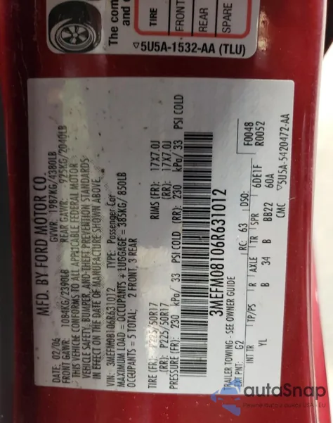 2006 Mercury Milan Premier from USA, damaged, VIN 3MEFM08106R631012